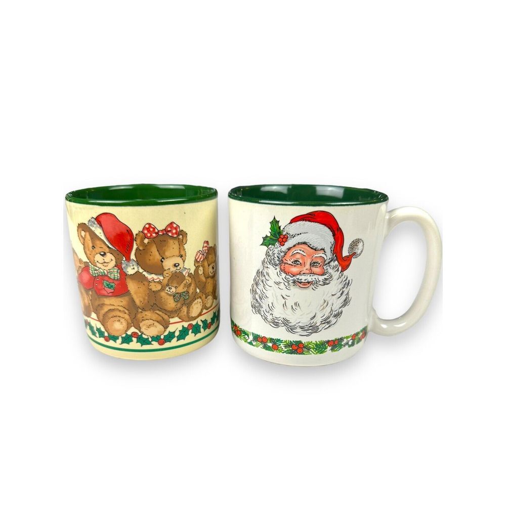 Potpourri Press VTG 1980s Christmas Holiday Coffee Mugs Santa‎ Bears Lot Of 2